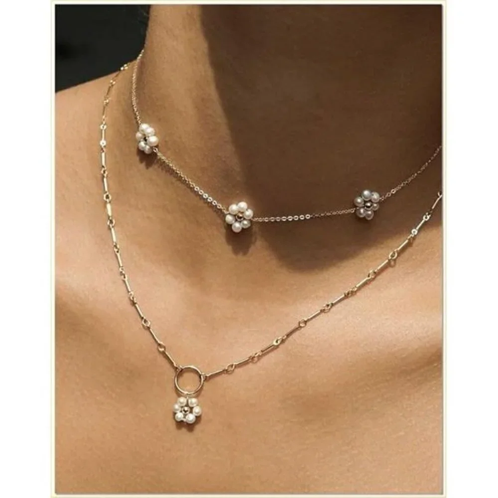 Daisy Pearl Necklace Choker for Women Flower 14K Gold Plated Stainless